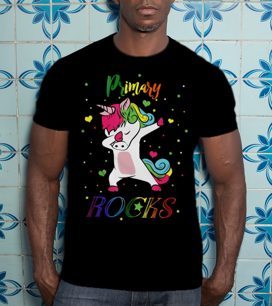 Primary Rocks Colorful Dabbing Unicorn With Hearts And Stars T-Shirt