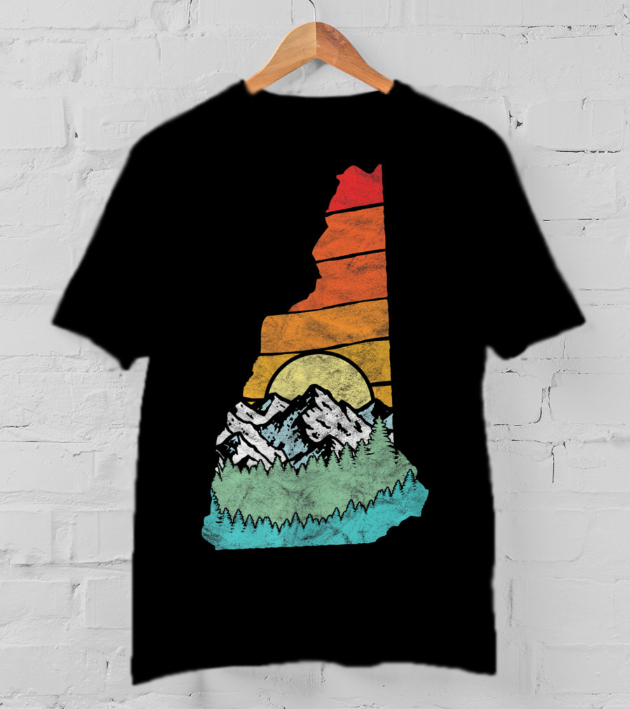 Retro New Hampshire State Outline With Mountains And Forest Sunset T-Shirt