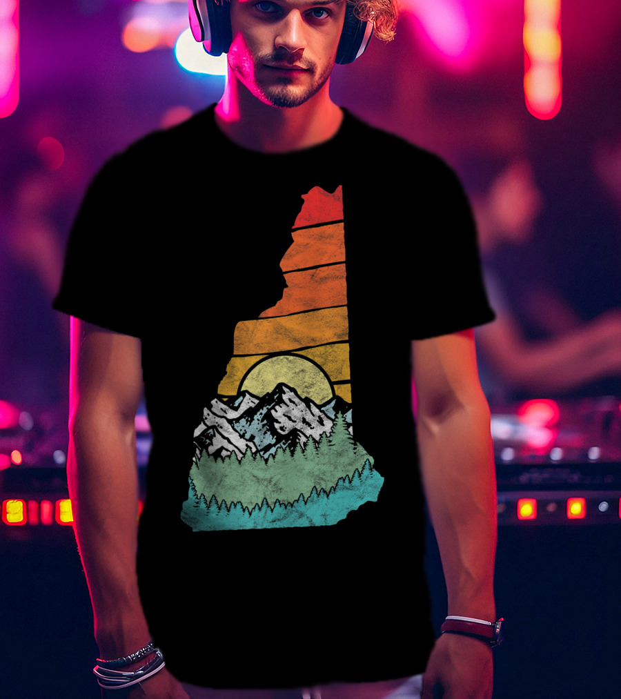 Retro New Hampshire State Outline With Mountains And Forest Sunset T-Shirt
