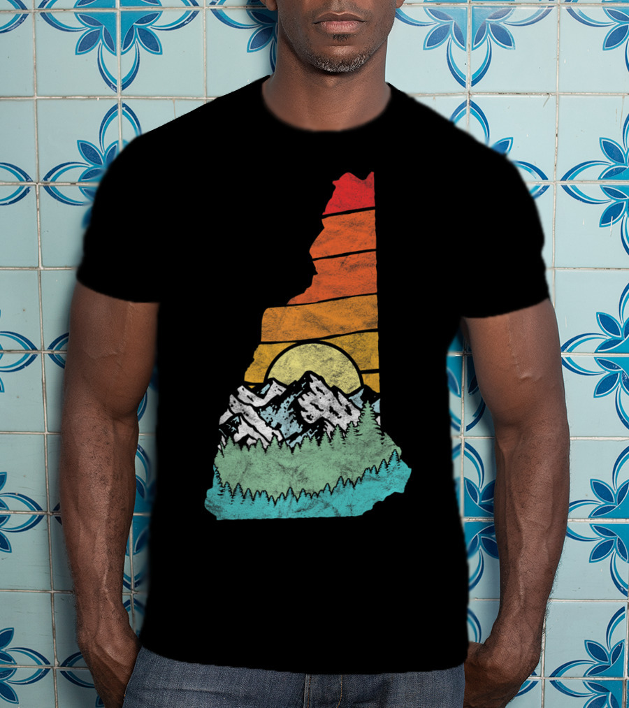 Retro New Hampshire State Outline With Mountains And Forest Sunset T-Shirt