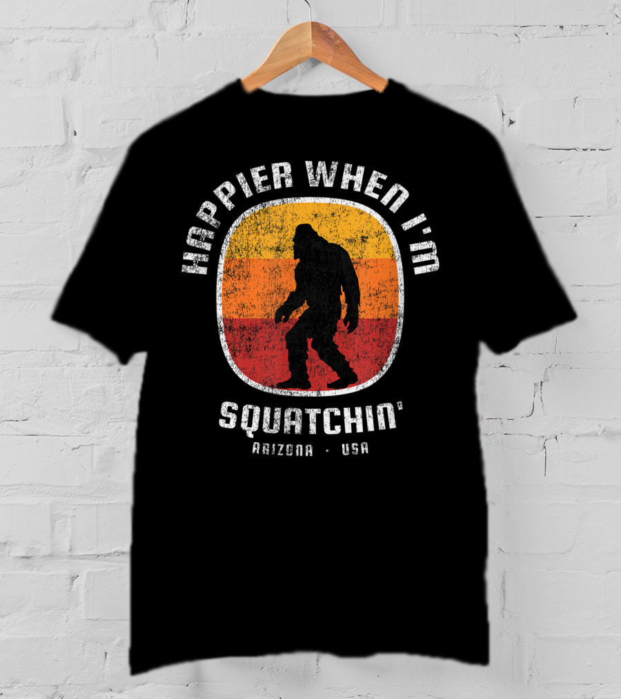 Happier When I'm Squatchin' Arizona USA Sasquatch Silhouette Retro Stripes T-Shirt