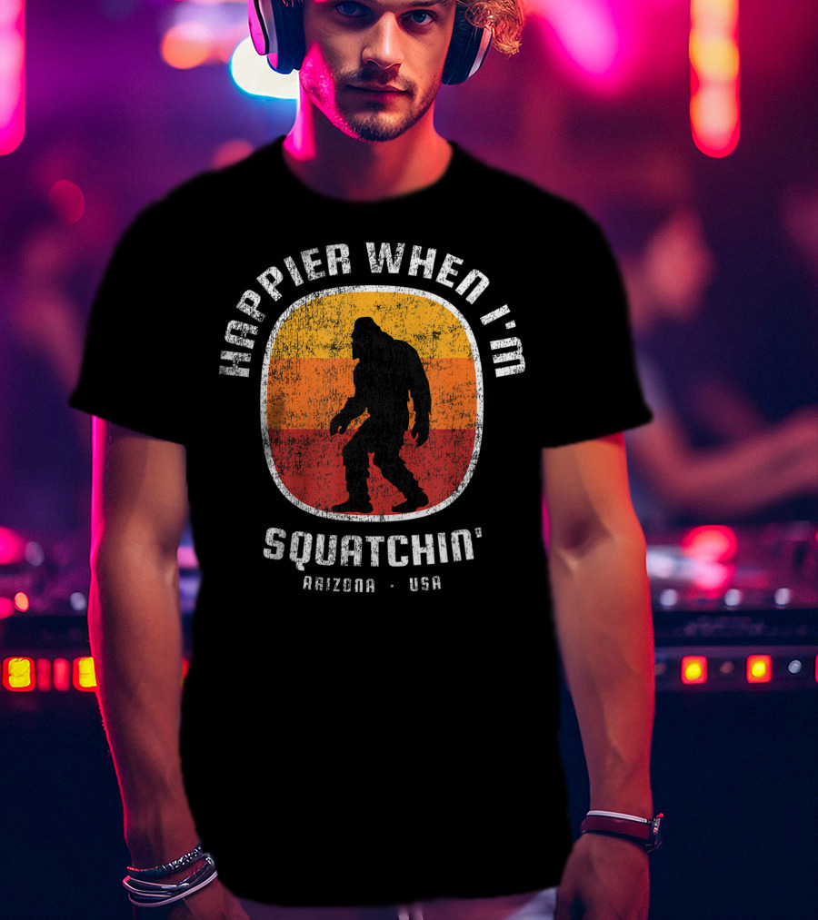 Happier When I'm Squatchin' Arizona USA Sasquatch Silhouette Retro Stripes T-Shirt