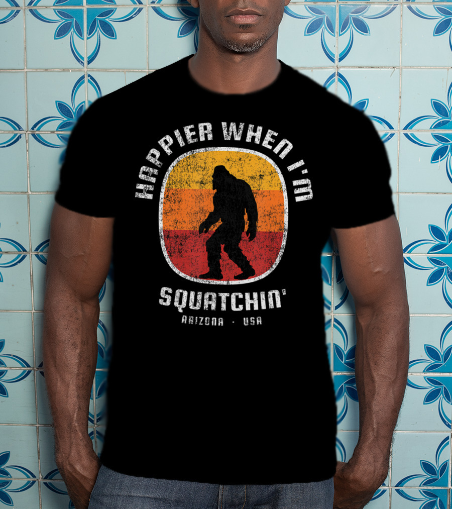 Happier When I'm Squatchin' Arizona USA Sasquatch Silhouette Retro Stripes T-Shirt