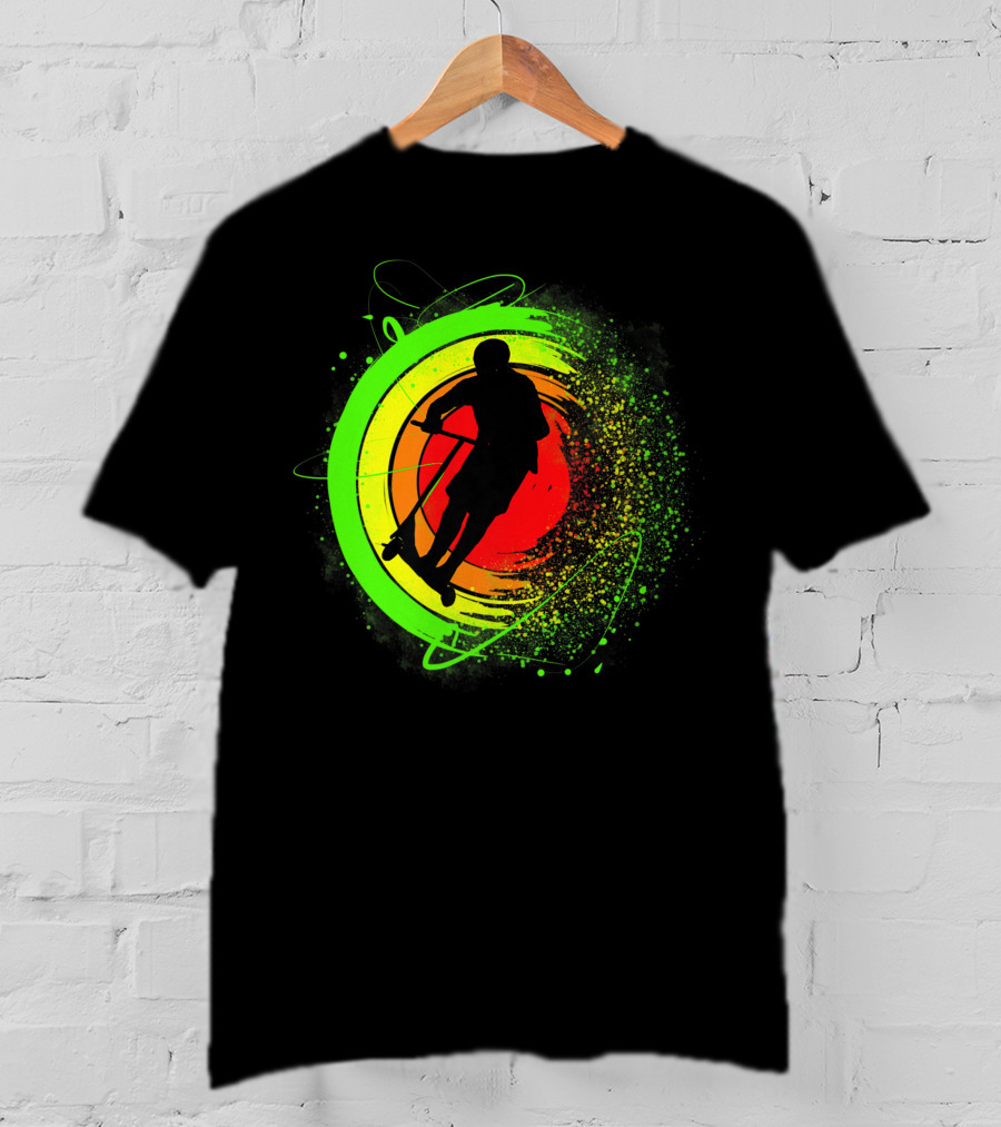 Scooter Stunt Action Silhouette In Vivid Circular Splash T-Shirt