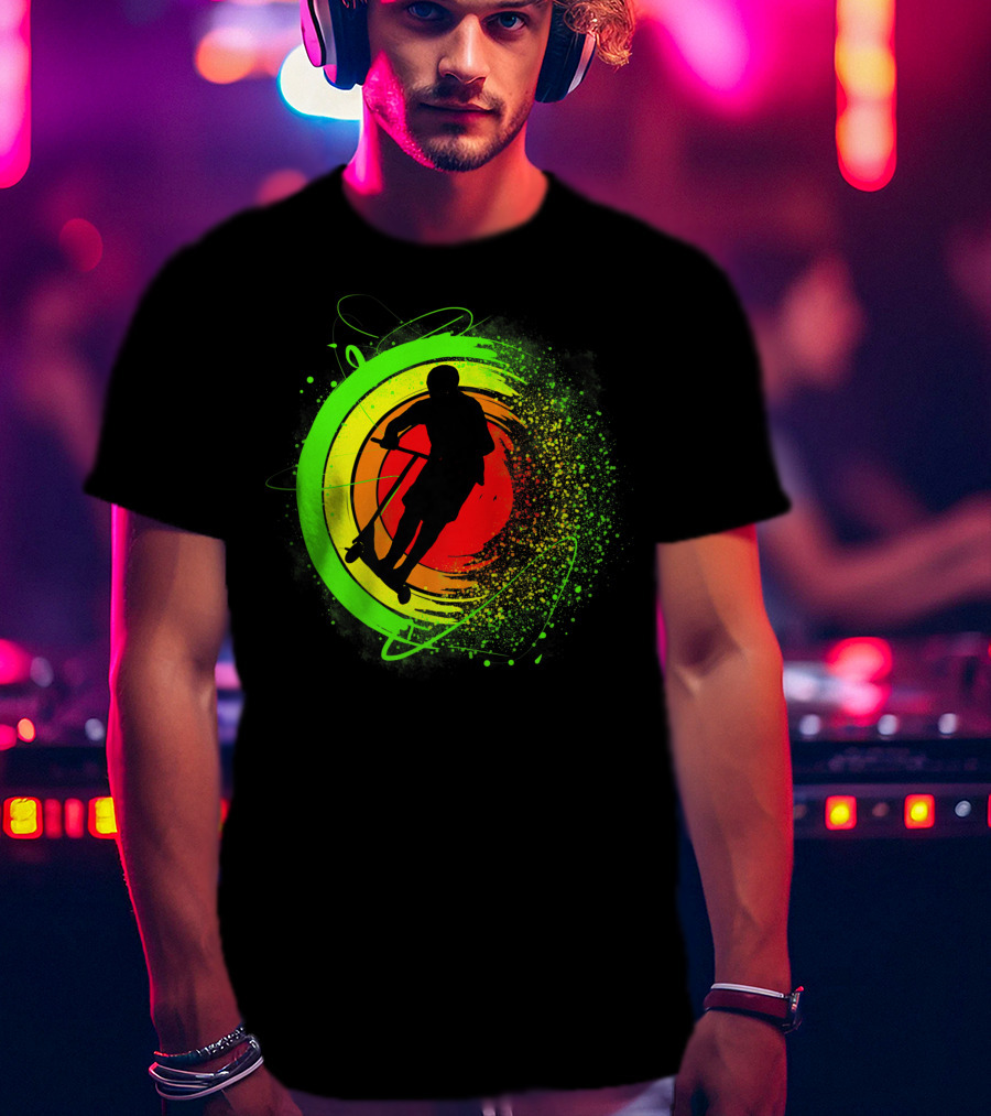 Scooter Stunt Action Silhouette In Vivid Circular Splash T-Shirt