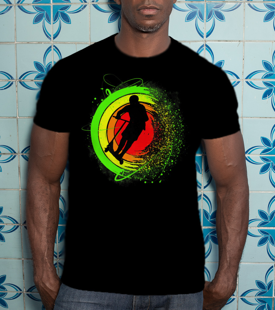 Scooter Stunt Action Silhouette In Vivid Circular Splash T-Shirt