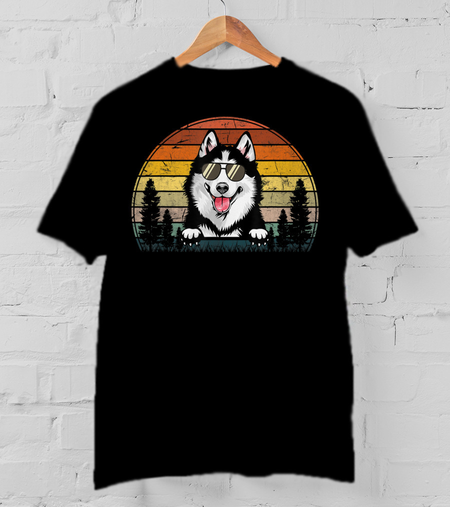 Siberian Husky Dog Xmas Retro Sunset Sunglasses T-Shirt