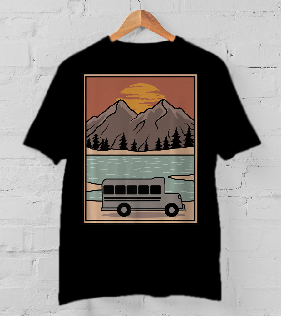 Vintage Skoolie Bus Conversion Scenic Mountain Lake Sunset T-Shirt
