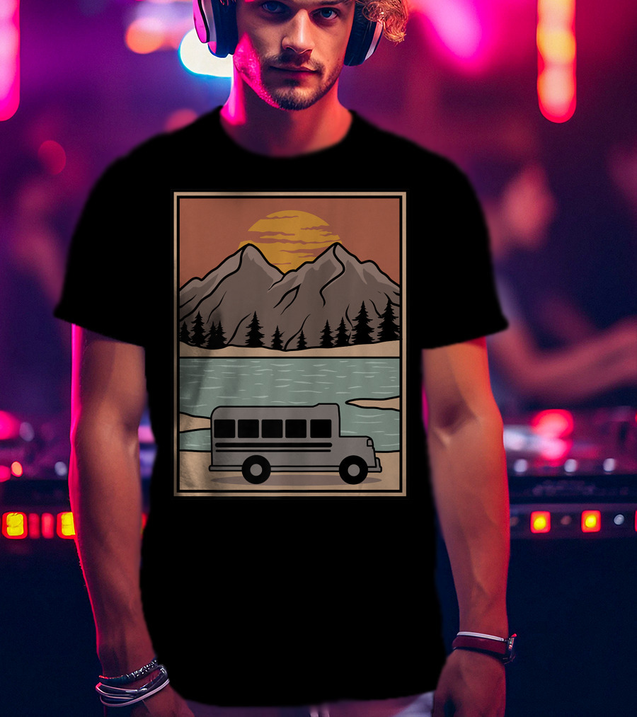 Vintage Skoolie Bus Conversion Scenic Mountain Lake Sunset T-Shirt