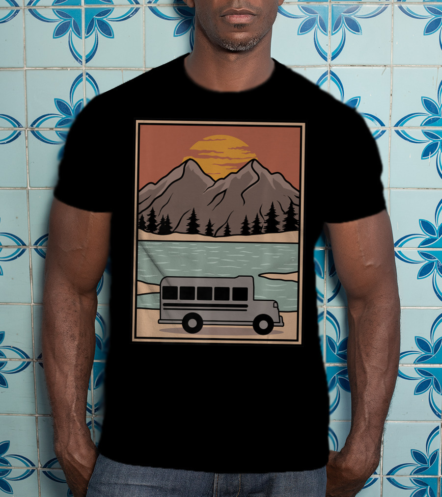 Vintage Skoolie Bus Conversion Scenic Mountain Lake Sunset T-Shirt