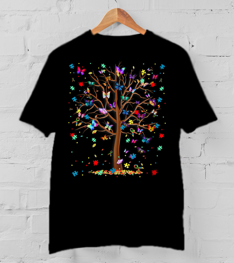Tree Of Life Autism Support With Colorful Butterflies And Puzzle Pieces T-Shirt