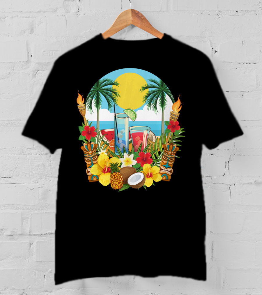 Tropical Sunset With Palm Trees And Exotic Drinks Amidst Tiki Torches And Hibiscus Flowers T-Shirt