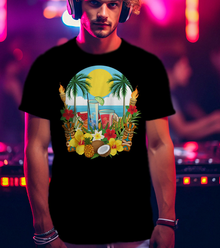 Tropical Sunset With Palm Trees And Exotic Drinks Amidst Tiki Torches And Hibiscus Flowers T-Shirt
