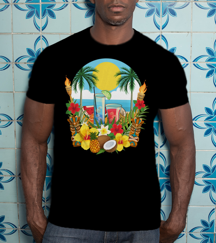Tropical Sunset With Palm Trees And Exotic Drinks Amidst Tiki Torches And Hibiscus Flowers T-Shirt