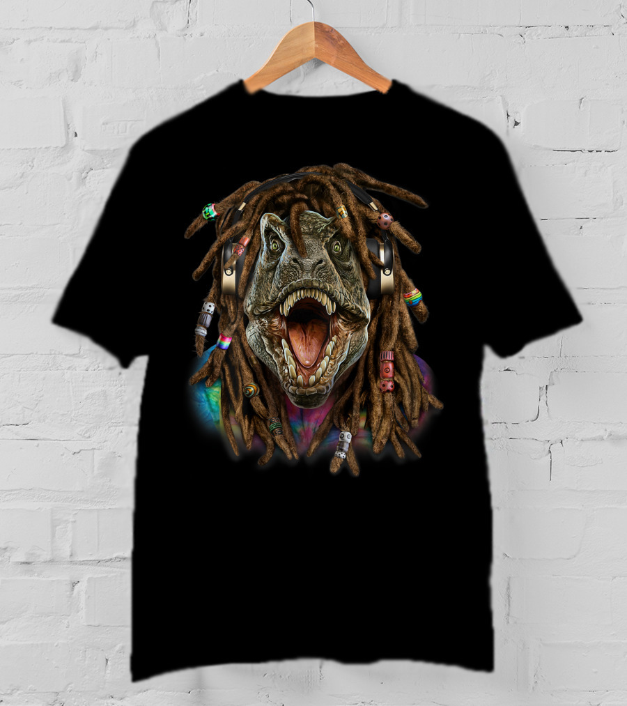 Tyrannosaurus Rex Dinosaur Reggae Dreadlocks Headphones Tie-Dye T-Shirt
