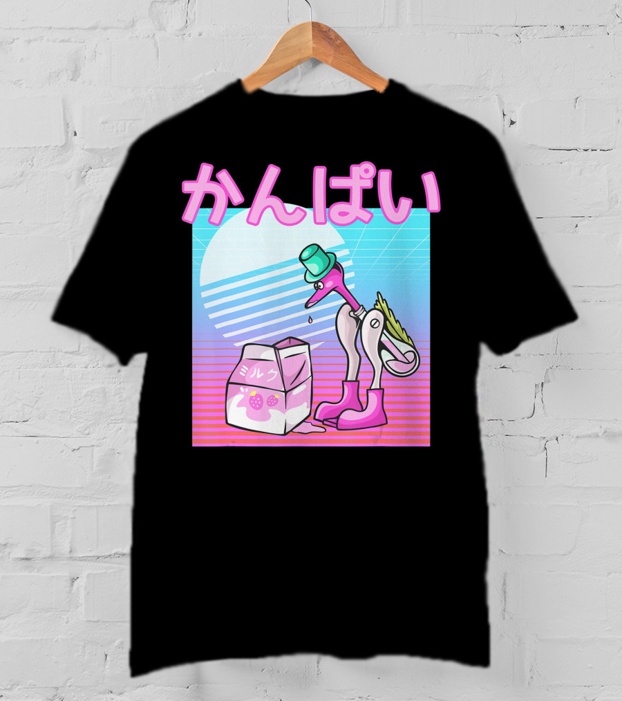 Vaporwave Strawberry Milk Kanpai Drinking Bird Toy Japanese T-Shirt