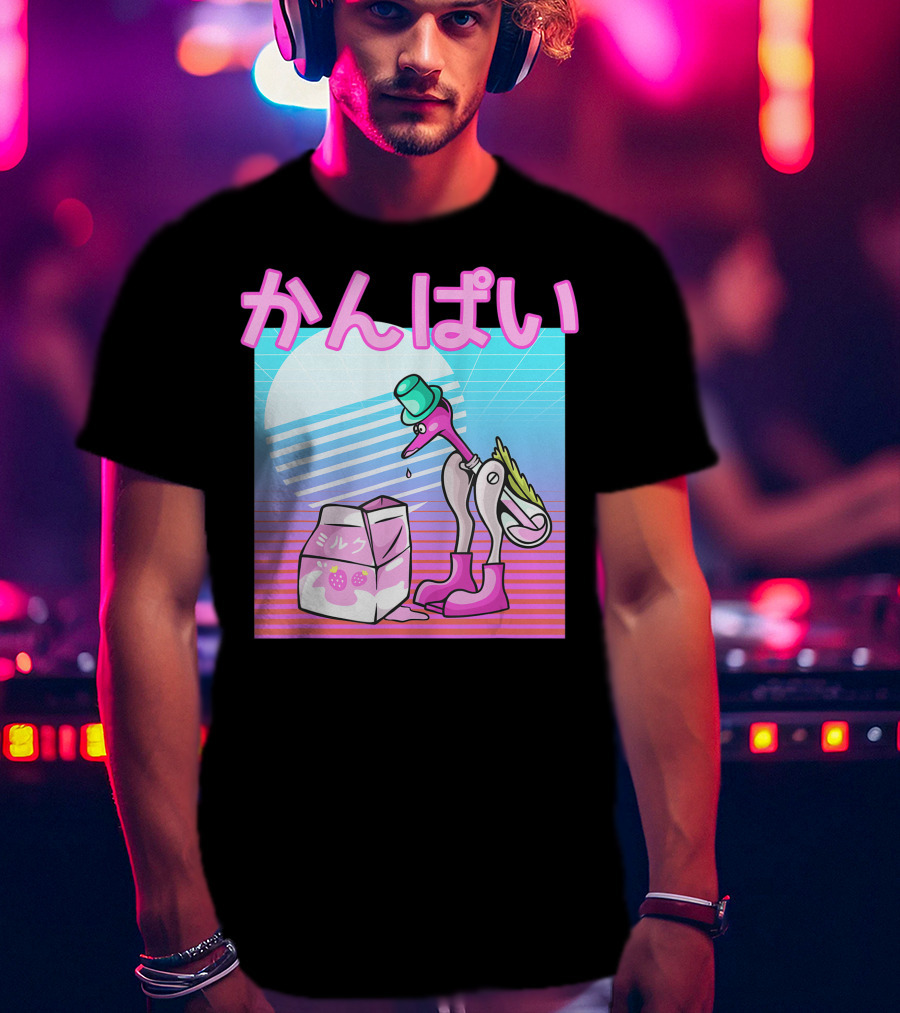 Vaporwave Strawberry Milk Kanpai Drinking Bird Toy Japanese T-Shirt
