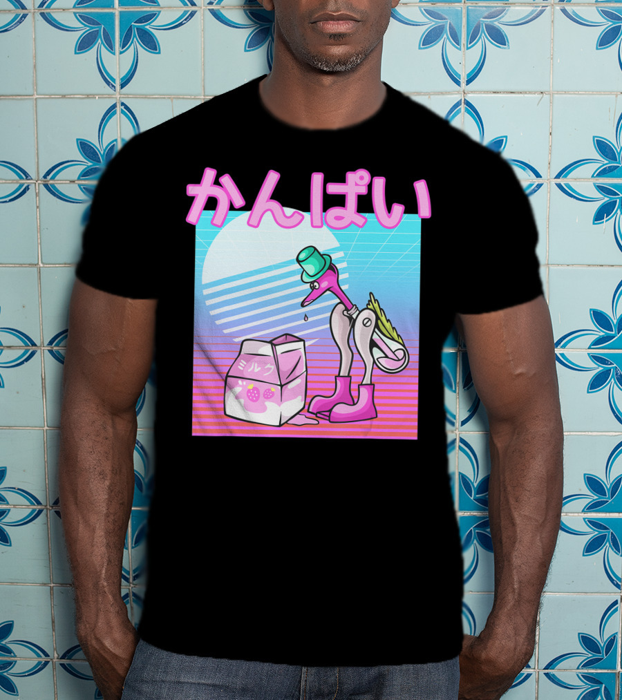 Vaporwave Strawberry Milk Kanpai Drinking Bird Toy Japanese T-Shirt