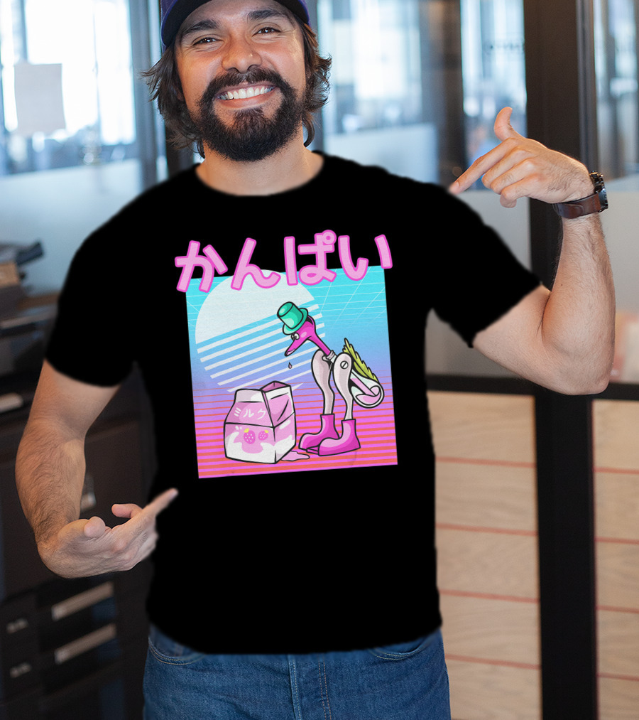 Vaporwave Strawberry Milk Kanpai Drinking Bird Toy Japanese T-Shirt