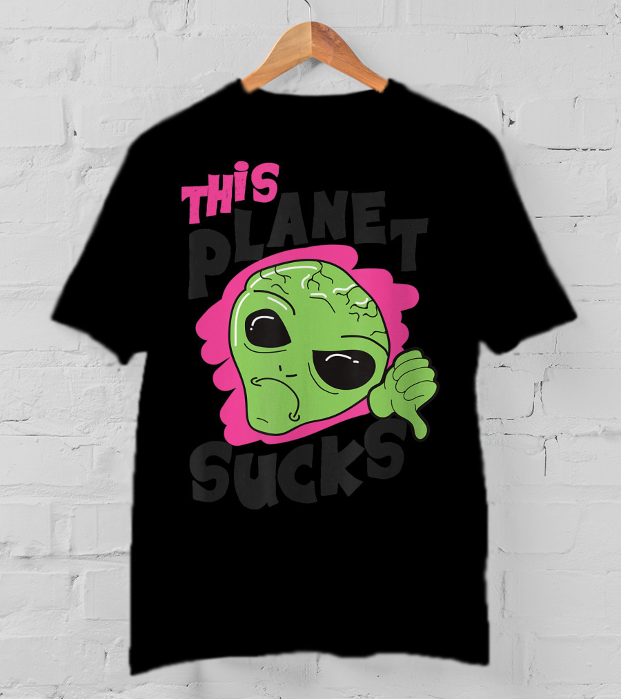 Green Alien Head Face This Planet Sucks Thumbs Down T-Shirt