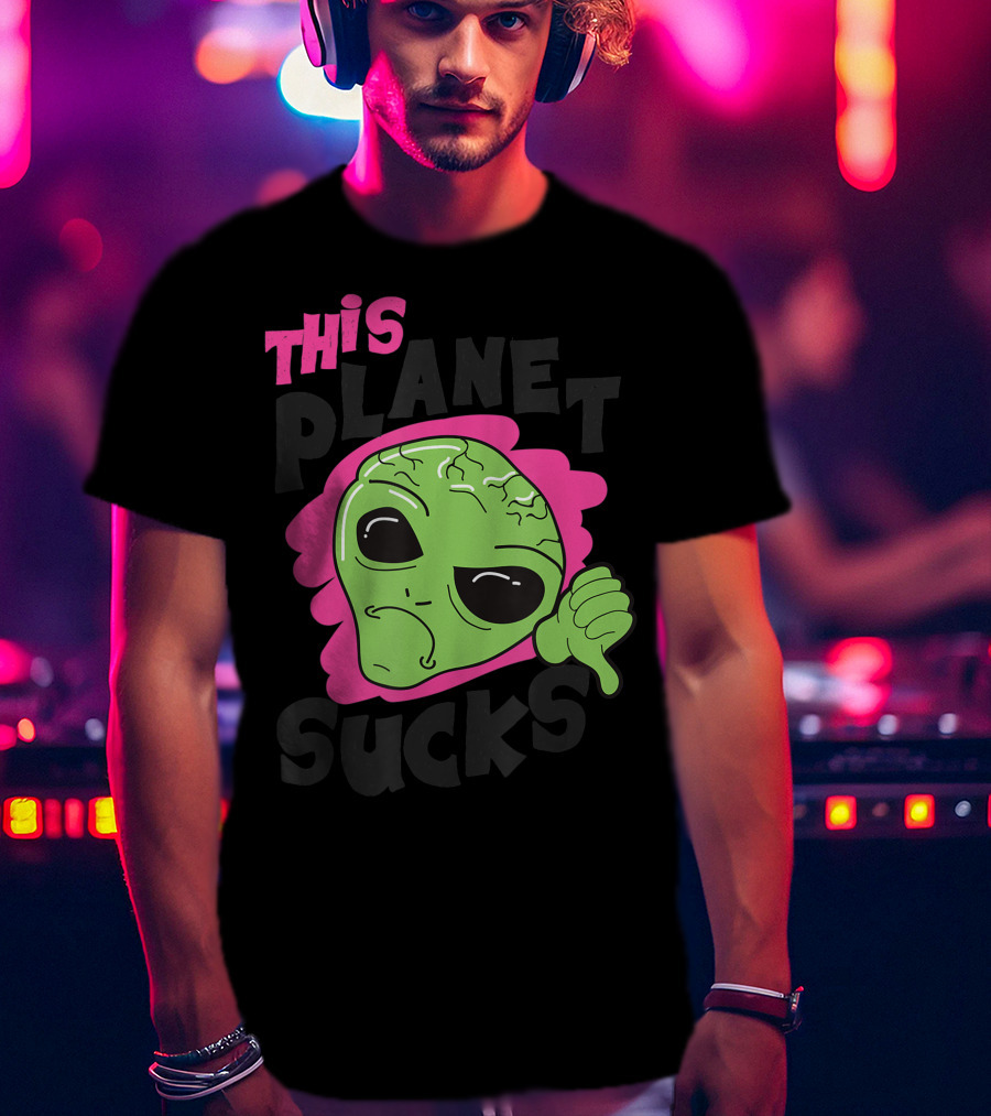 Green Alien Head Face This Planet Sucks Thumbs Down T-Shirt