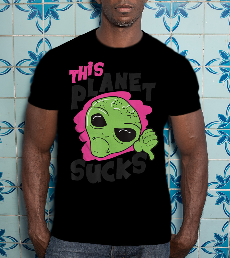 Green Alien Head Face This Planet Sucks Thumbs Down T-Shirt
