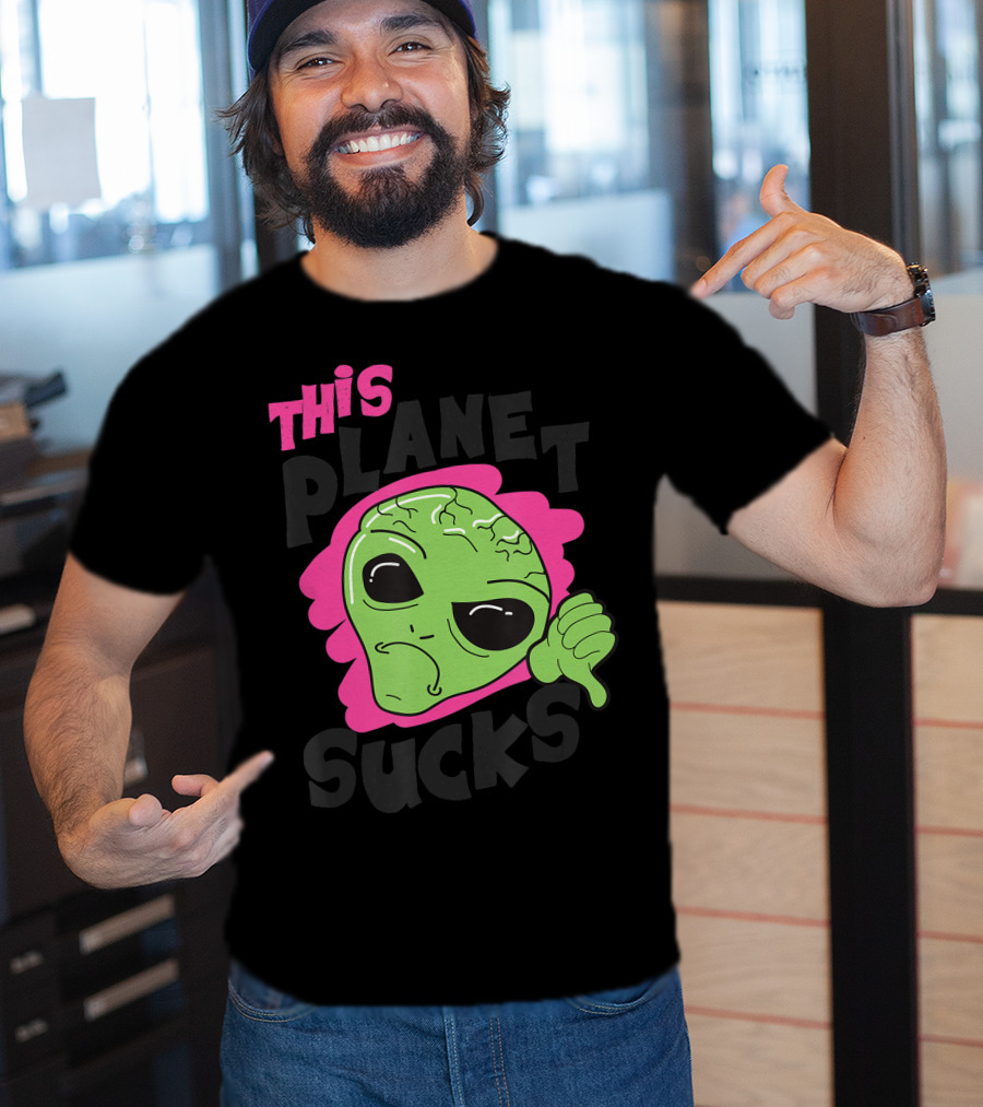 Green Alien Head Face This Planet Sucks Thumbs Down T-Shirt