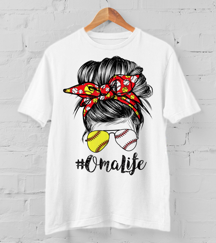 OmaLife Messy Bun Hair Softball Baseball Sunglasses T-Shirt