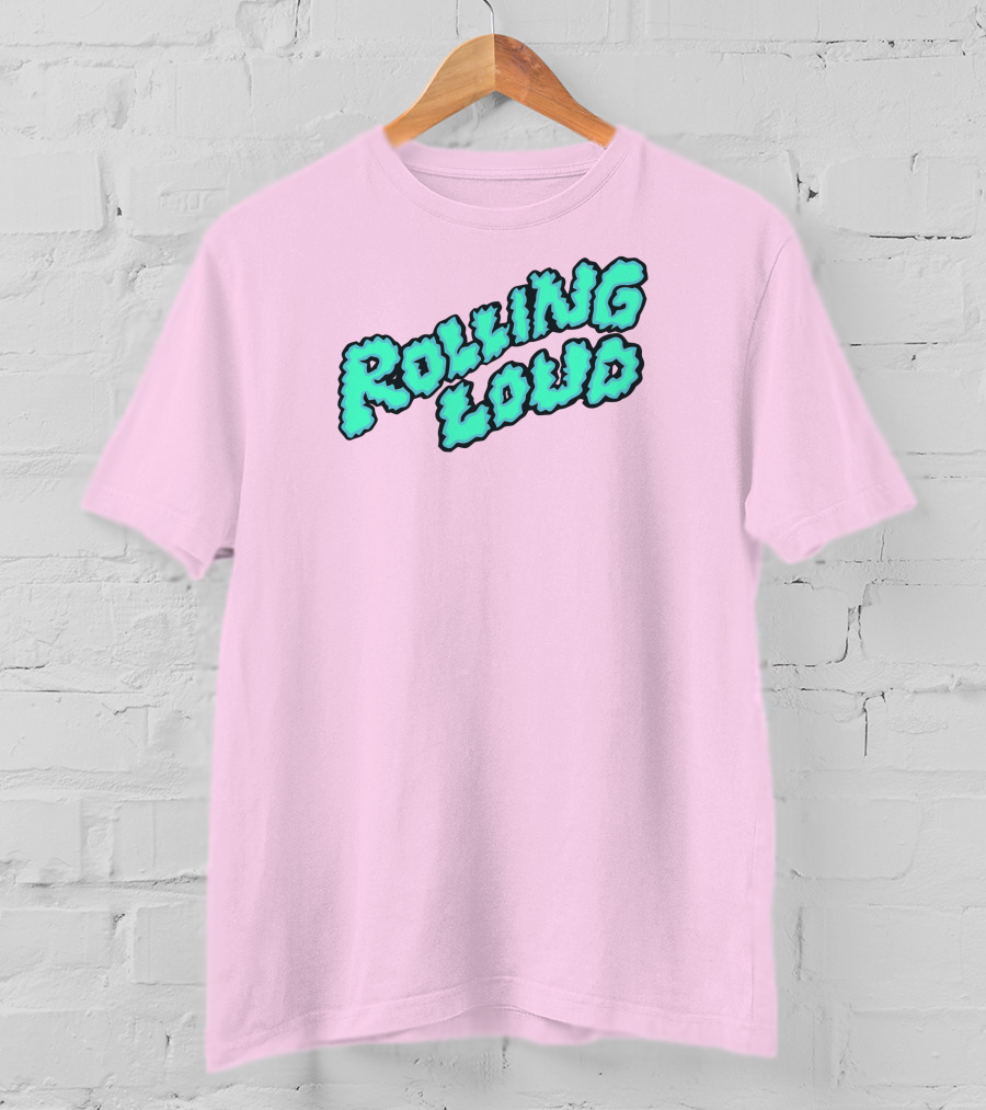 Rolling Loud Puffy Text Design On Pastel Pink Background T-Shirt