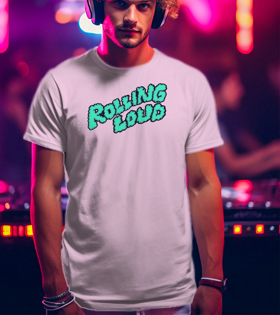 Rolling Loud Puffy Text Design On Pastel Pink Background T-Shirt