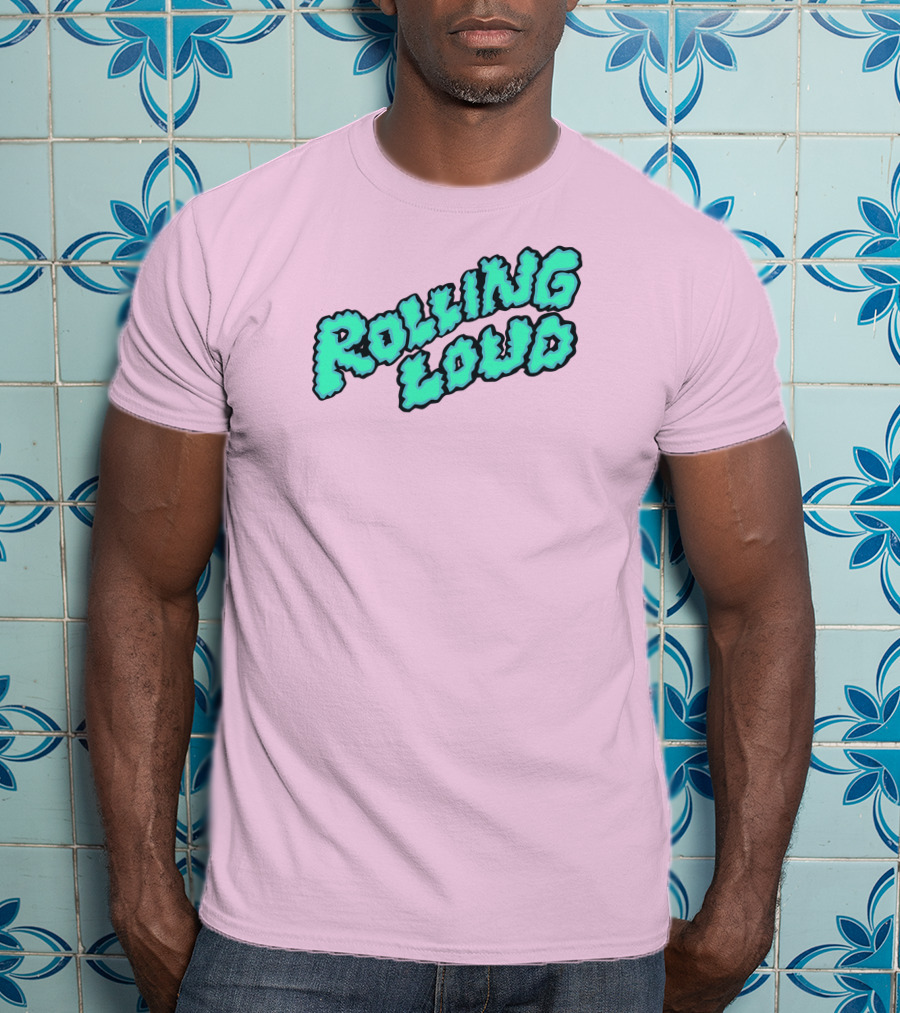 Rolling Loud Puffy Text Design On Pastel Pink Background T-Shirt