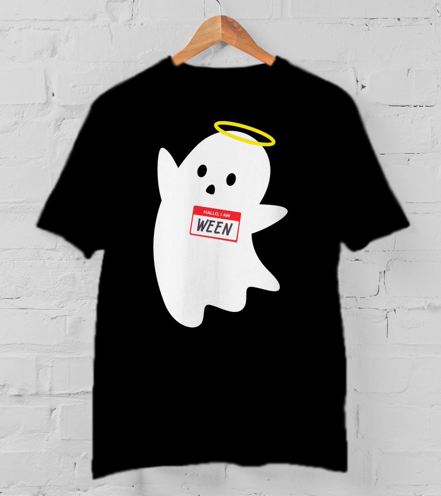Wholesome Hallo I Am Ween Ghost With Halo And Nametag T-Shirt