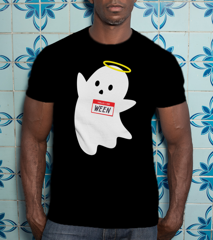 Wholesome Hallo I Am Ween Ghost With Halo And Nametag T-Shirt