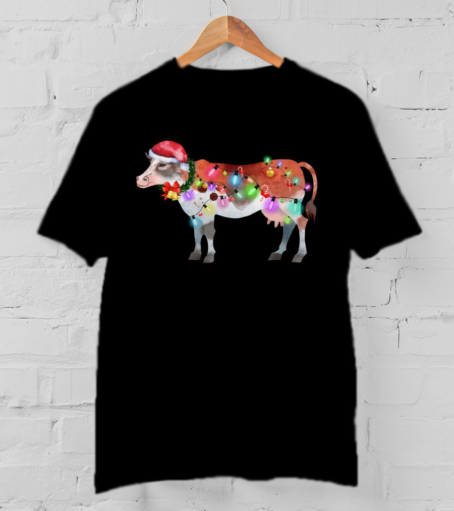 Christmas Lights Santa Hat Cow Festive Holiday T-Shirt