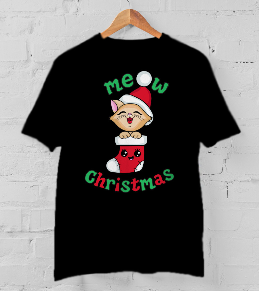 Meow Christmas Cute Kitten In Santa Hat And Stocking T-Shirt