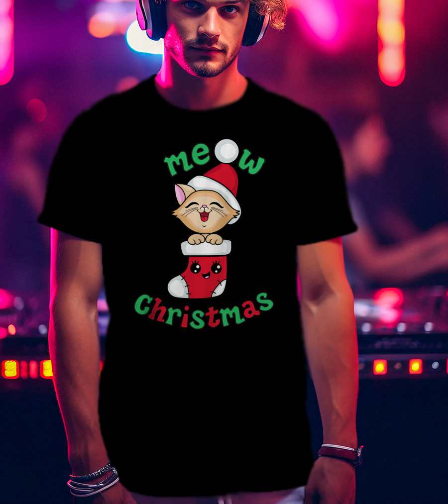 Meow Christmas Cute Kitten In Santa Hat And Stocking T-Shirt