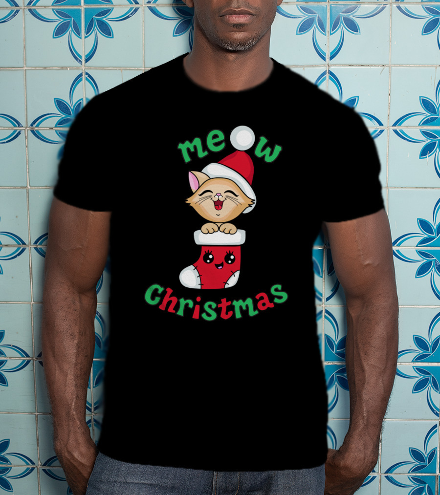 Meow Christmas Cute Kitten In Santa Hat And Stocking T-Shirt