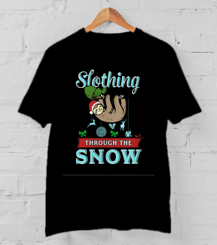 Slothing Through The Snow With Santa Hat And Christmas Decorations T-Shirt