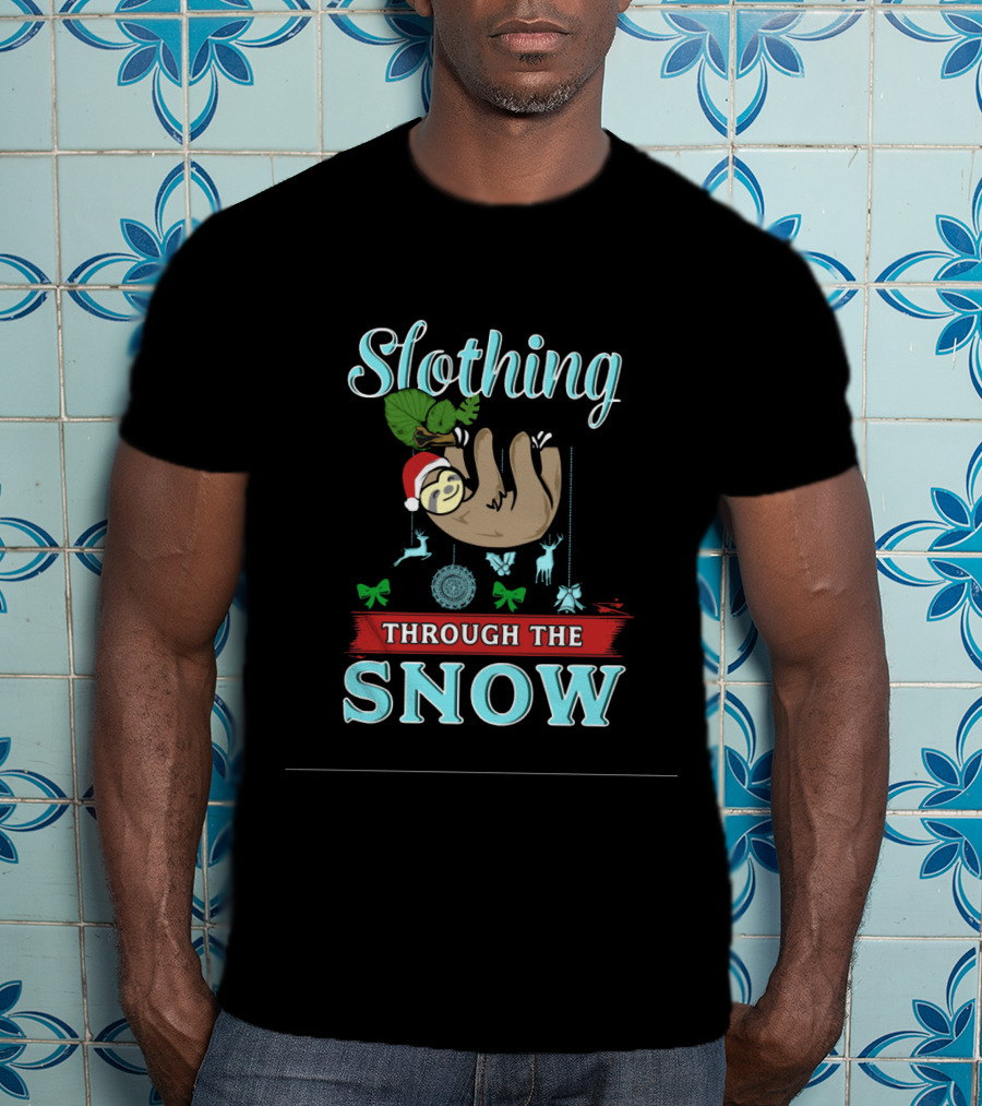 Slothing Through The Snow With Santa Hat And Christmas Decorations T-Shirt
