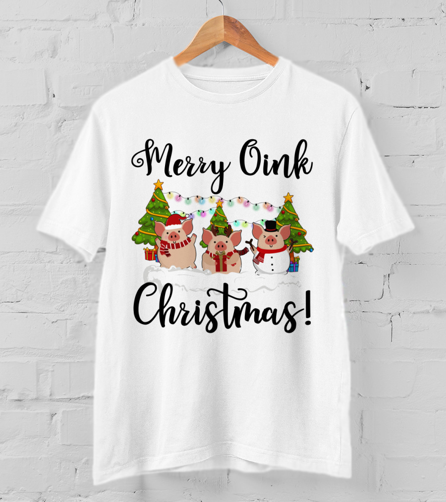 Merry Oink Christmas Pigs With Festive Trees And Lights T-Shirt