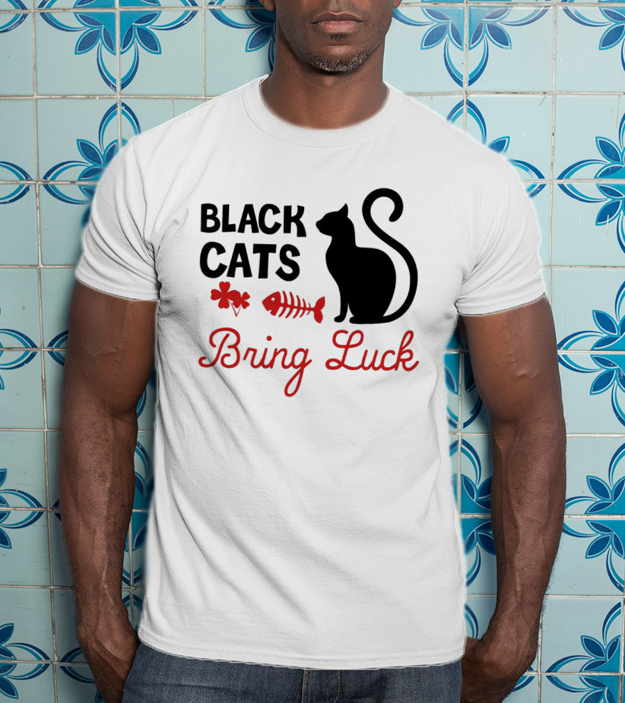 Black Cats Bring Luck Shamrock And Fishbone Icon Holiday Present T-Shirt