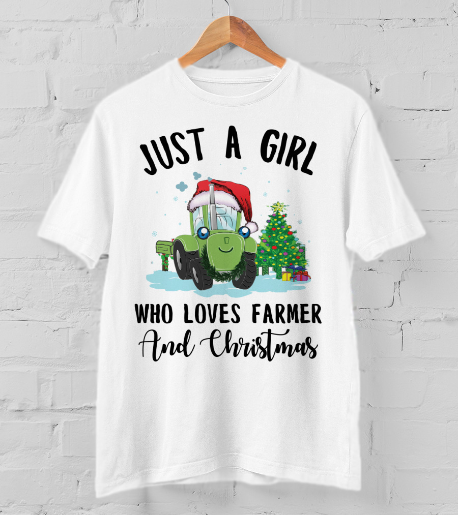 Just A Girl Who Loves Farmer And Christmas With Santa Hat Tractor And Christmas Tree T-Shirt