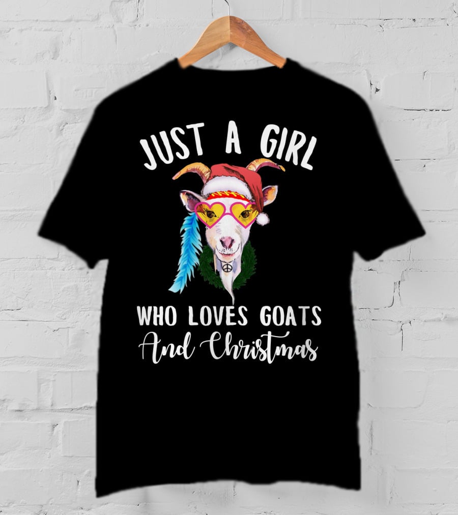 Just A Girl Who Loves Goats And Christmas With Santa Hat Peace Sign Glasses T-Shirt