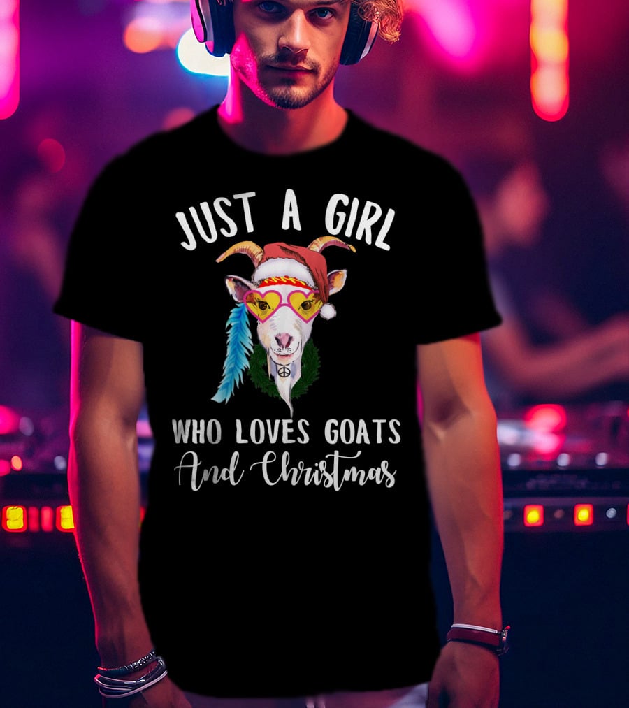 Just A Girl Who Loves Goats And Christmas With Santa Hat Peace Sign Glasses T-Shirt