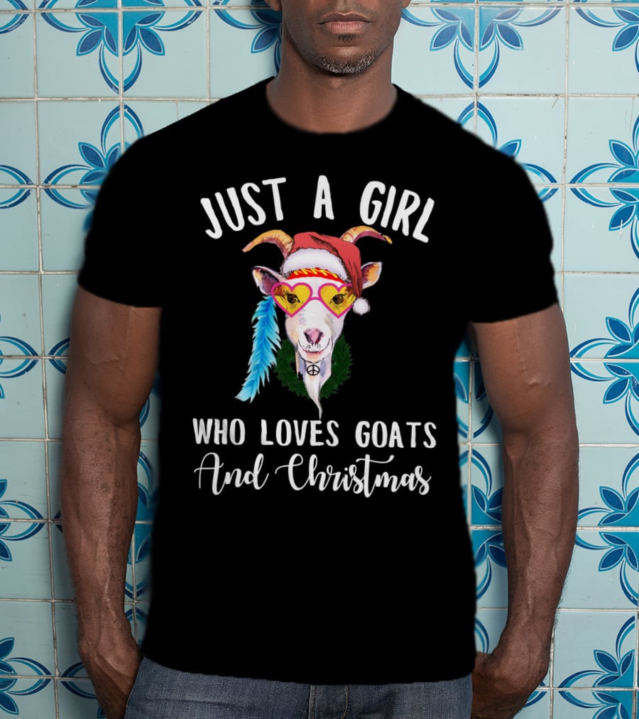Just A Girl Who Loves Goats And Christmas With Santa Hat Peace Sign Glasses T-Shirt