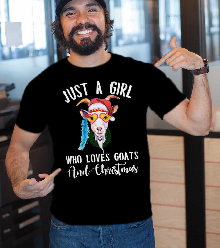 Just A Girl Who Loves Goats And Christmas With Santa Hat Peace Sign Glasses T-Shirt