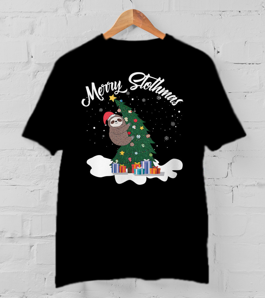 Merry Slothmas Sloth On Christmas Tree With Gifts And Snowflakes T-Shirt
