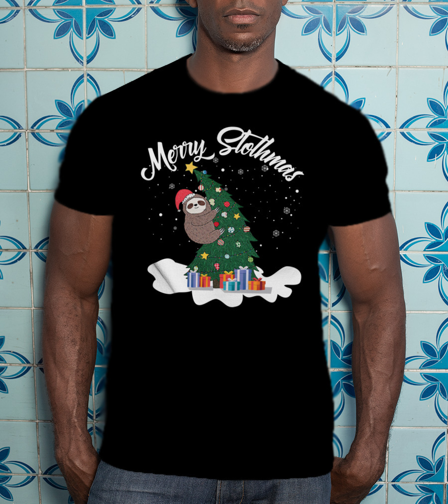 Merry Slothmas Sloth On Christmas Tree With Gifts And Snowflakes T-Shirt
