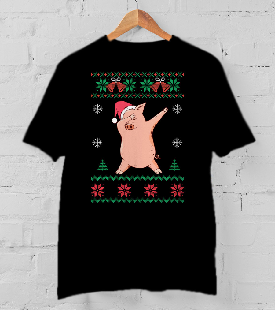 Pigs Dabbing Santa Hat Ugly Christmas Sweater Snowflake Festive T-Shirt