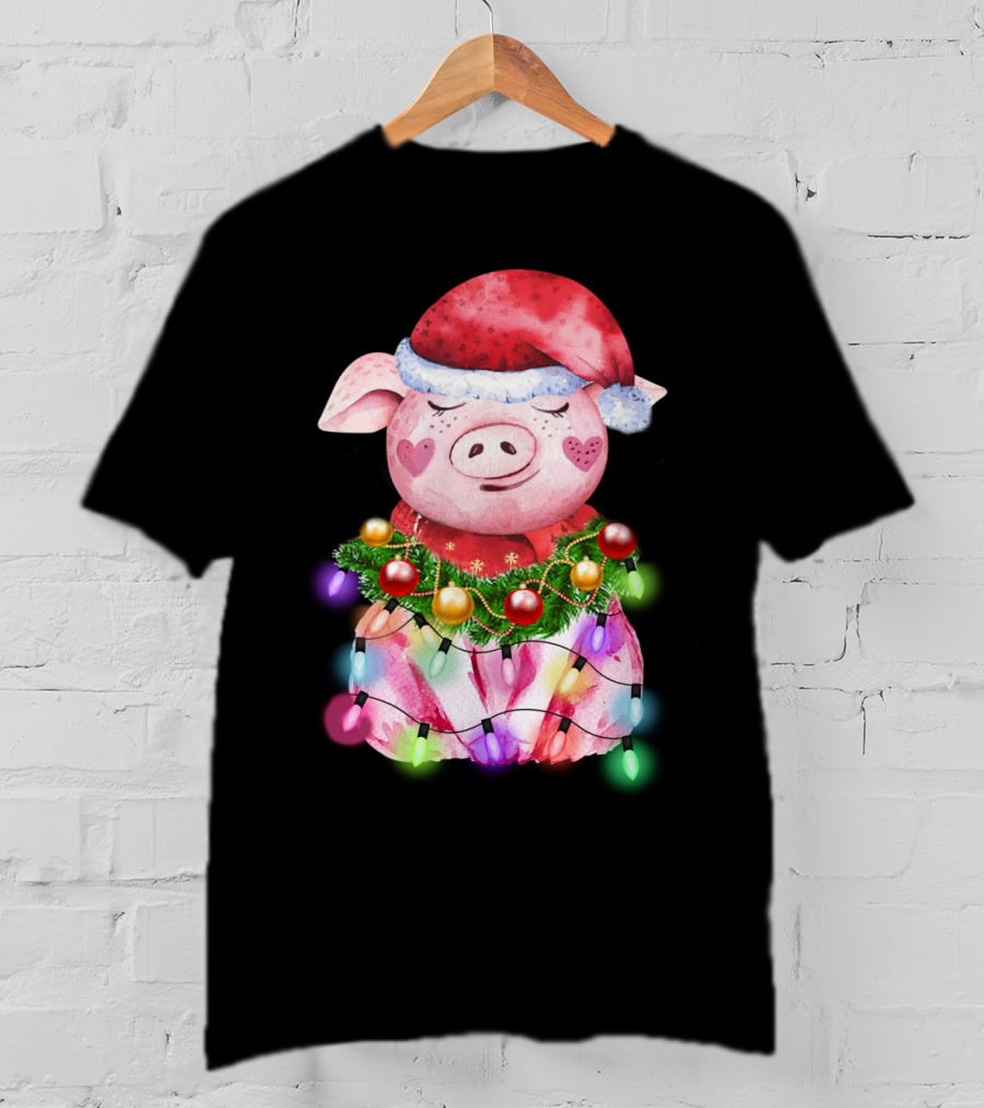 Santa Hat Heart Cheek Pink Pig Wrapped In Christmas Lights T-Shirt